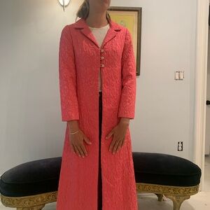 Vintage 50’s 60’s  Pink Brocade Long Opera Maxi Coat w/ Rhinestone Buttons